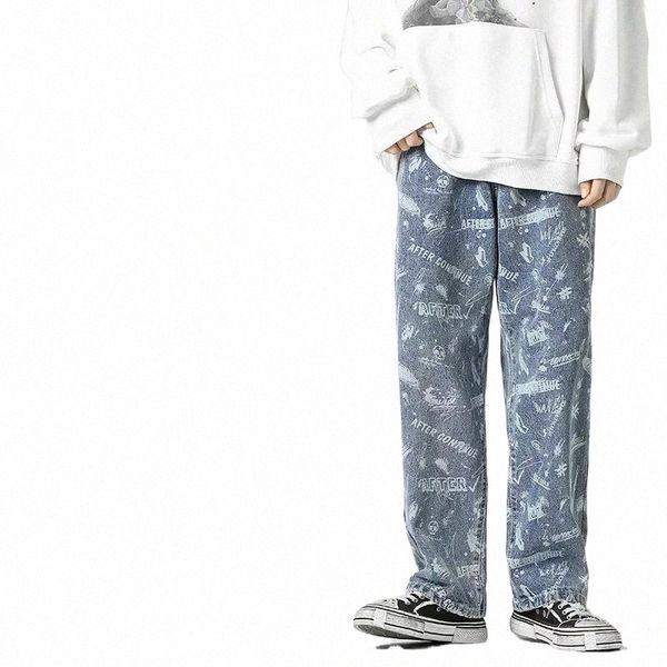 

men's jeans graffiti tide brand loose straight tube versatile net red personalized ins street pants men designer baggy skater a34b#, Blue