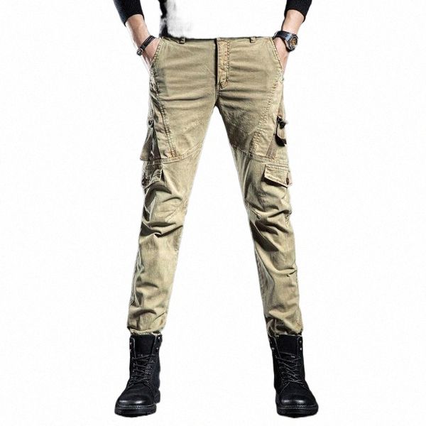 

khaki cargo pants men military tactical many pockets korean streetwear casual cotton baggy trousers men's 66vv#, Black