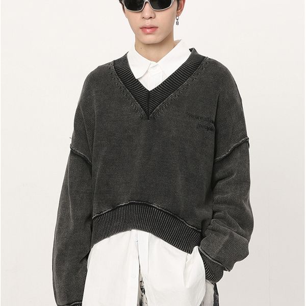 

men's sweaters iefb men's sweater autumn loose vneck short stacked knitted korean fashion solid color male pullover long sleeve 22, White;black