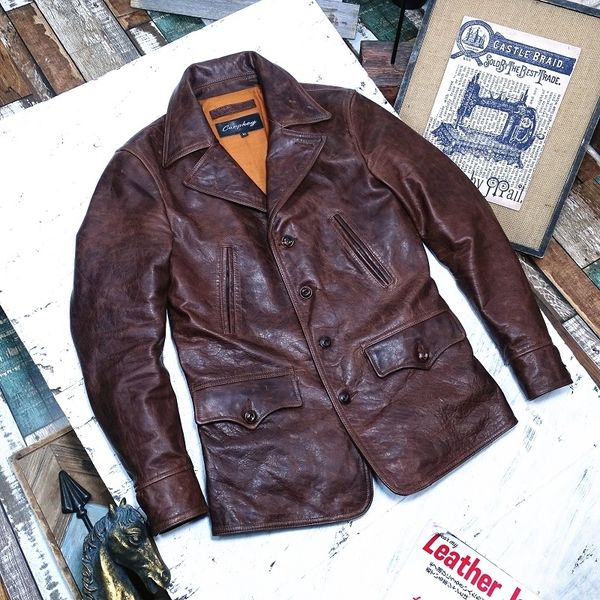 

men s leather faux yr vintage brown batik horsehide jacket classic safari style genuine leather coat retro quality cloth 220916, Black