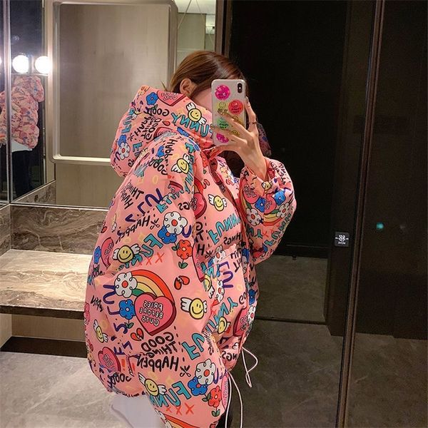 

women's down parkas women jackets bubble coats graffiti white duck 90 winter zipper full thick korean ladylike girls sweet 220919, Black