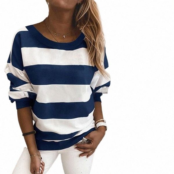 

women fashion o neck long sleeve stripes print loose leisure daily pullover blouse sweatshirt 1 52mb#, Black
