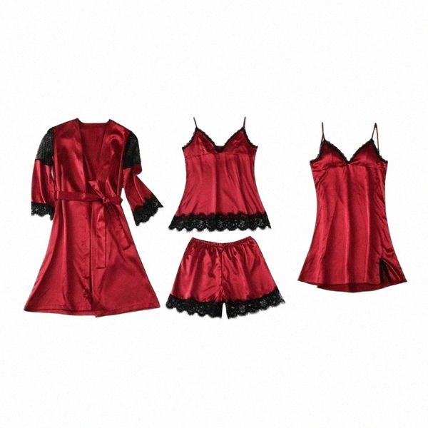 

2020 long sleeve womens pajamas lace lingerie nightwear underwear sleepwear 4pcs suit pajama sets for women1 y0nf#, Black;red