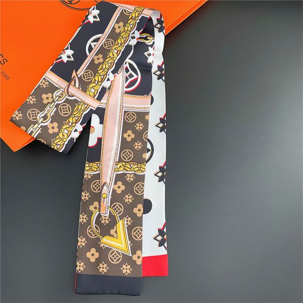 

5x90cm designer letters print floral silk scarf headband for women fashion scarves shoulder tote luggage ribbon head wraps double ribbon lad, Blue;gray