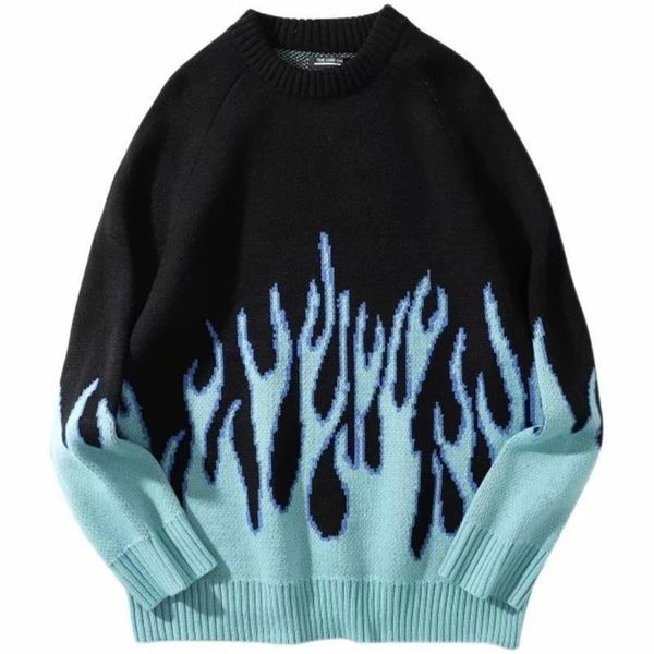 

men's sweaters hip hop mens streetwear harajuku knitted sweater blue fire flame autumn sweater pullover loose hiphop retro vintage 2209, White;black