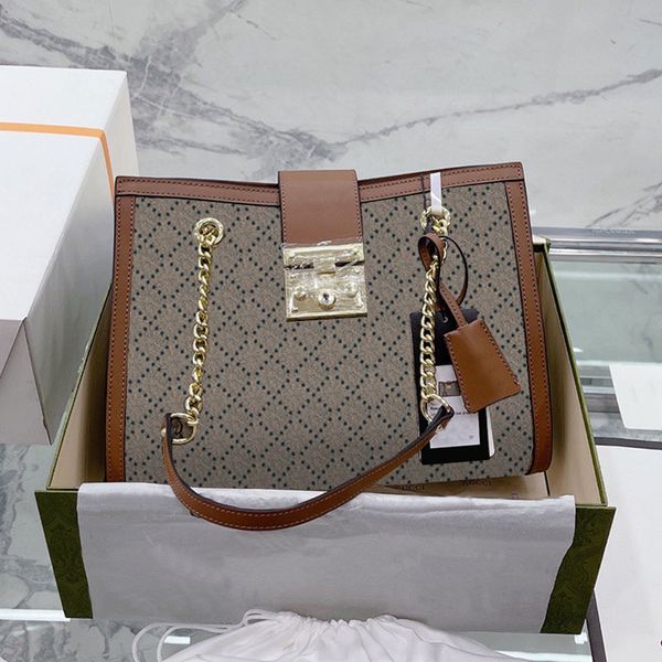 

padlock tote bag classic handbag chain shoulder bags women large shopping bag leather handle hardware hasp lock printed letter