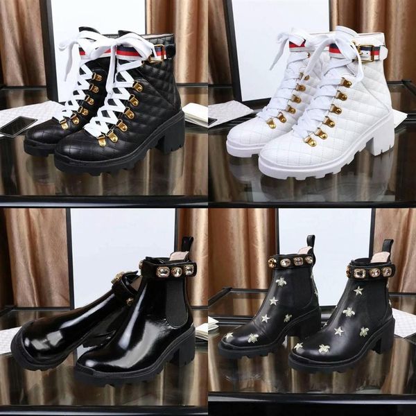 

designer women boots classic leather booties belt buckle ankle shoes desert martin boot female rough heel round head shoe with box269a, Black