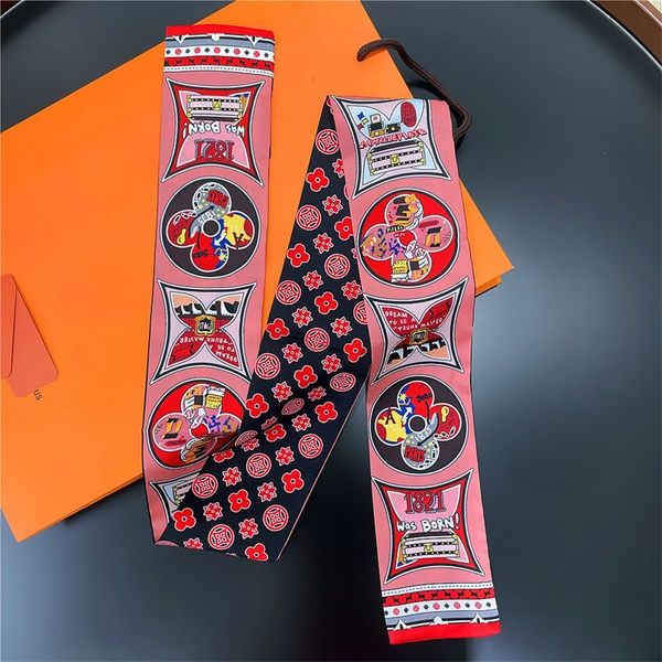

5x90cm designer letters print floral silk scarf headband for women fashion scarves shoulder tote luggage ribbon head wraps double ribbon lad, Blue;gray