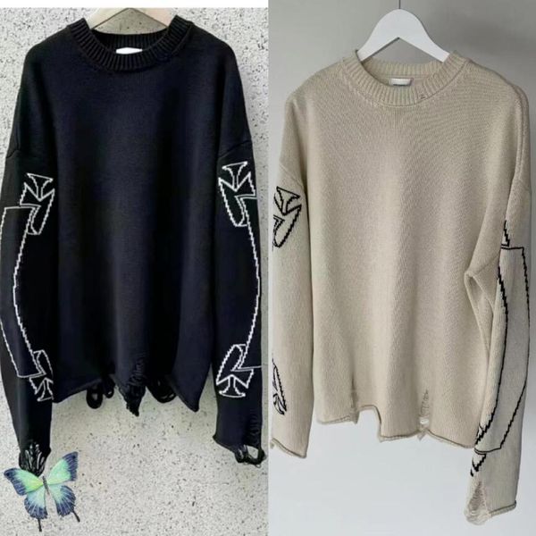 

letter crew neck sweater hand ripped damage high street casual long sleeve knit sweater, White;black
