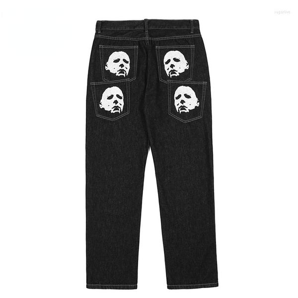 

men's jeans denim pants men punk spoof portrait print mens trousers gothic loose straight harajuku streetwear black vibe style, Blue