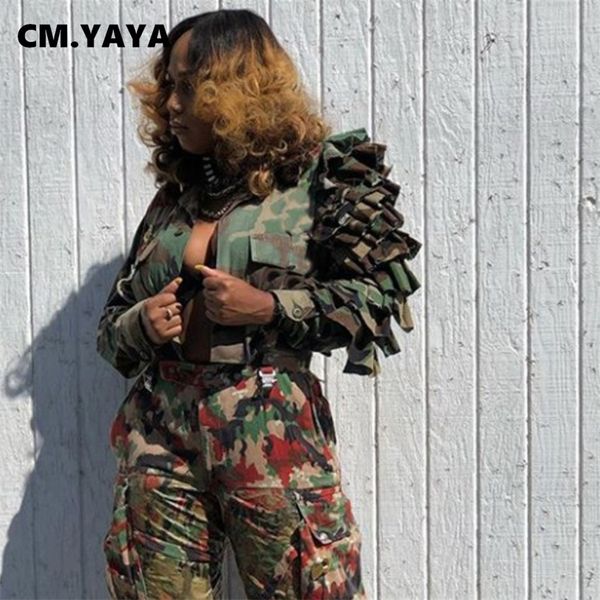 

women's jackets men's hoodies sweatshirts cm.yaya women camouflage cacading ruffles flare sleeve button up jacket spring winter st, Black;brown