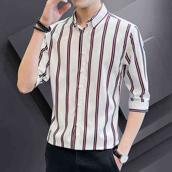 

men's casual shirts 2022 new stripe short sleeve three quarter coat summer business slim lining wear, White;black