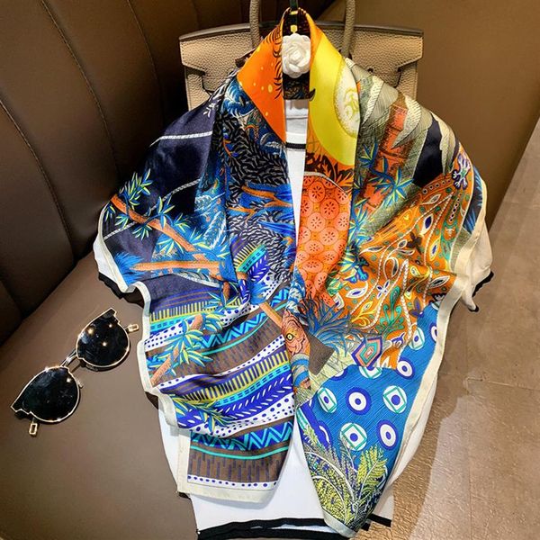 

elegant silk hijab scarf for women square shawls fashion print kerchief satin head scarfs female 90 90cm neck scaves for ladies y201007288b, Blue;gray