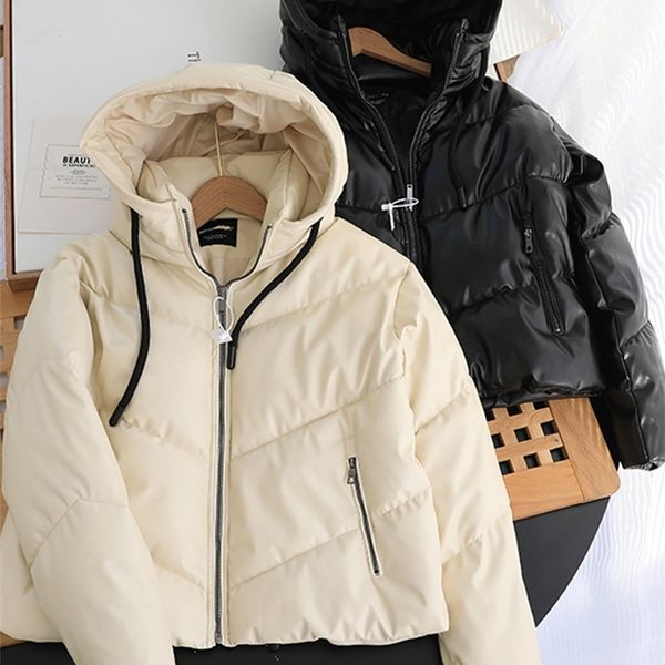 

women's down parkas ailegogo loose pu leather parkas women fashion hooded faux leather coats women elegant solid zipper cotton jackets, Black