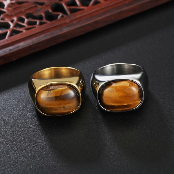 

Stainless Steel Solitaire Band Rings With Tiger Eye Stones Two Tones Antique Vintage Handmade Designer Punk Hip-Hop Luxury jewelry Accessories Gifts
