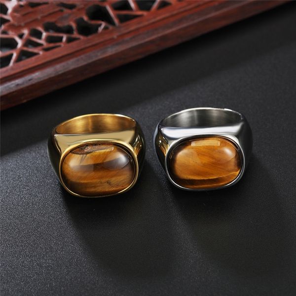

stainless steel solitaire band rings with tiger eye stones two tones antique vintage handmade designer punk hip-hop luxury jewelry accessori, Golden;silver