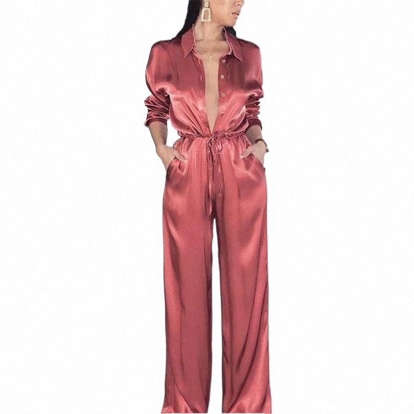 

women's jumpsuits & rompers elegant loose satin bodycon bandage jumpsuit women 2021 spring solid lapel deep v neck playsuits ladies str, Black;white