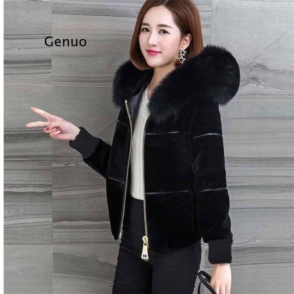 

women's fur faux winter sheep sharing overcoat ladies high waist slim jacket female fake hooded short coat 220919, Black