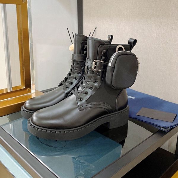 

women designers monolith leather shoes boots ankle martin monolith boot motorcycle inspired combat platform bottom nylon bouch with bags, Black