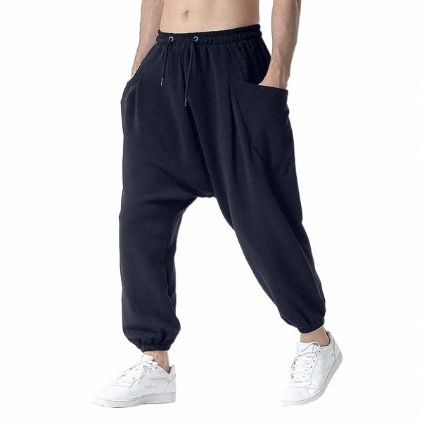 

men's pants harem men big pockets elastic waist streetwear joggers rat loose casual foot-binding baggy trousers sweatpants 80hp#, Black
