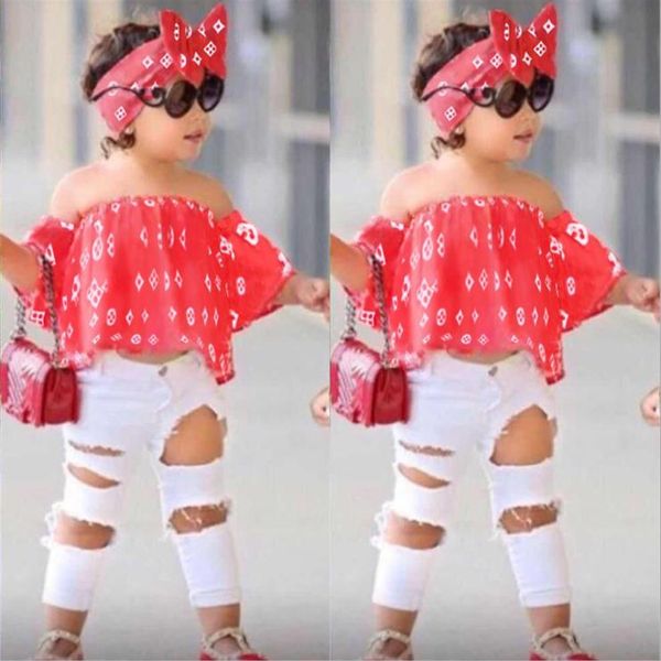 

kids summer girls clothing sets off shoulder hole white pants hairband girls clothes set children clothes2770