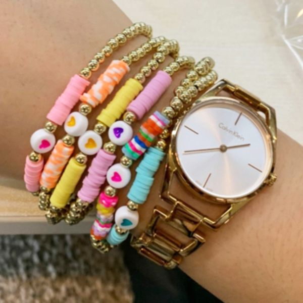 

bohemian style colored soft ceramic bracelet simple heart-shaped round bead bracelet jewelry gift, Golden;silver