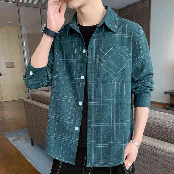 

men's casual shirts 2022 autumn new fashion plaid stripe long sleeve slim fit coat youth, White;black