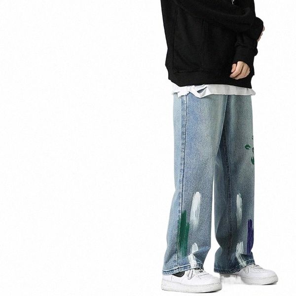 

men's jeans paint graffiti american street mens loose straight tube denim clothes baggy hip hop distressed streetwear pants r5iw#, Blue