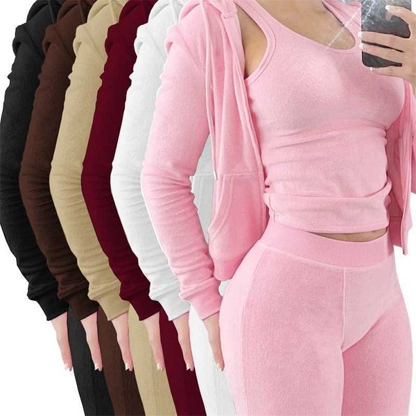 

womens tracksuits international station autumn and winter new double-sided cashmere vest hooded three piece set, Gray