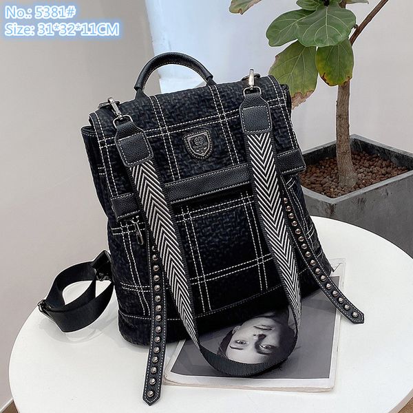 

Personality womens shoulder bag street personality rivet punk backpack outdoor leisure leather backpacks vertical large capacity plaid handbag factory outlet, Black