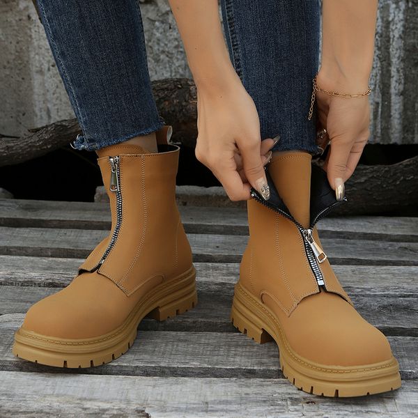 

2022 new women's boots women boots winter plus velvet woman shoe fashion female breathable cowhide front zipper light black boot