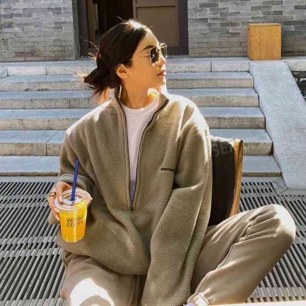 

fashion couples essentials hoodies multi thread fleece semi zipper high neck sweater women's loose coat, Black