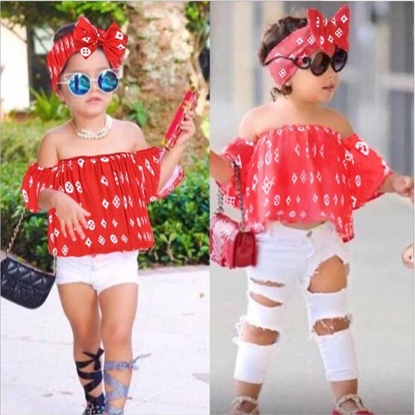 

kids summer girls clothing sets off shoulder shirt hole pants hairband 3pcs children clothing girls clothes set204f, White