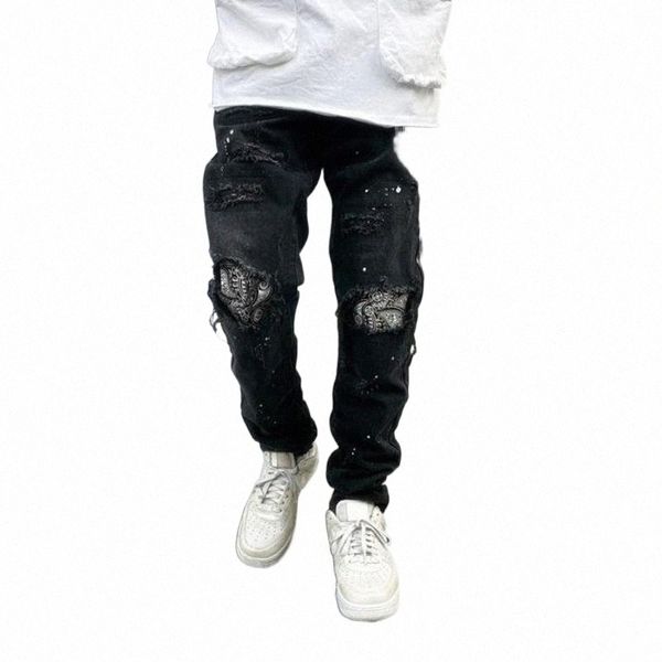 

men's jeans retro original knee hole black denim pants men straight painted high street loose casual ripped jean for hip hop trousers x, Blue