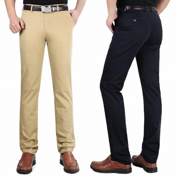 

spring summer ice silk cotton leisure straight slim high stretch pants thin men business casual middle-aged men's trousers 41np#, Black