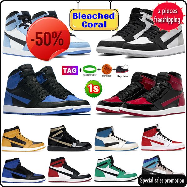 

mens bleached coral patent bred 1 basketball shoes 1s university blue dark mocha twist light smoke grey chicago unc bordeaux royal toe men, Black