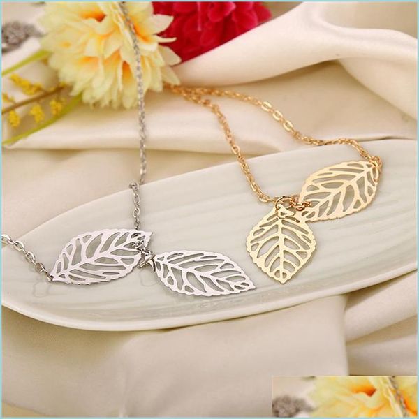 

pendant necklaces simple european new fashion vintage punk gold hollow two leaf leaves pendant necklace clavicle chain charm jewelry dhqgb, Silver