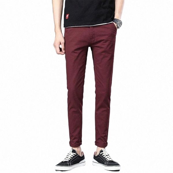 

men's pants casual cotton slim trousers feet fashion solid color khaki black men1 e7id#