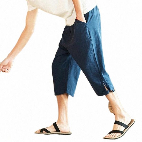 

men's pants 2021 summer sports pure cotton casual street 3/4 cropped running fitness 31qt#, Black