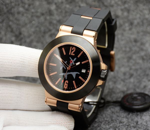 

automatic mechanical bg sapphire glass black dial rose gold case 44m mens watch rubberclad logo letter bezel luminous limited rubber strap, Slivery;brown