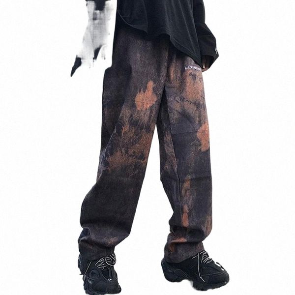 

men's pants hip hop retro embroidery letters for men tie-dye harajuku corduroy loose casual trousers male streetwear mid1 k4lz#, Black