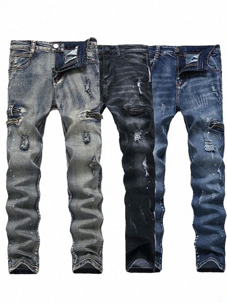 

men's jeans fashion all-match stretch zipper slim printed trousers y57f#, Blue