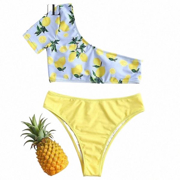 

lemon print one shoulder high cut bikini set women summer beach swimsuit ladies padded bathing suit women's swimwear 55hz#, White;black