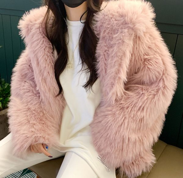 

women faux leather winter imitation fox fur young collar fur coat ladies multi-color solid pink gray white and beige color long sleeves coat, Black
