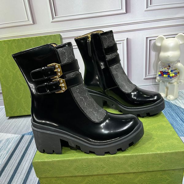 

new fashion luxury designer ladies classic ankle boots printing leather metal button womens winter mid heel short boot large size 35-42, Black