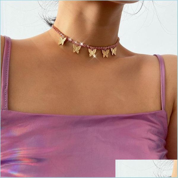 

chokers cute butterfly-shaped necklace with colorf fl rhinestone link chain choker for women party jewelry charms c3 drop delivery 20 dhklx, Golden;silver