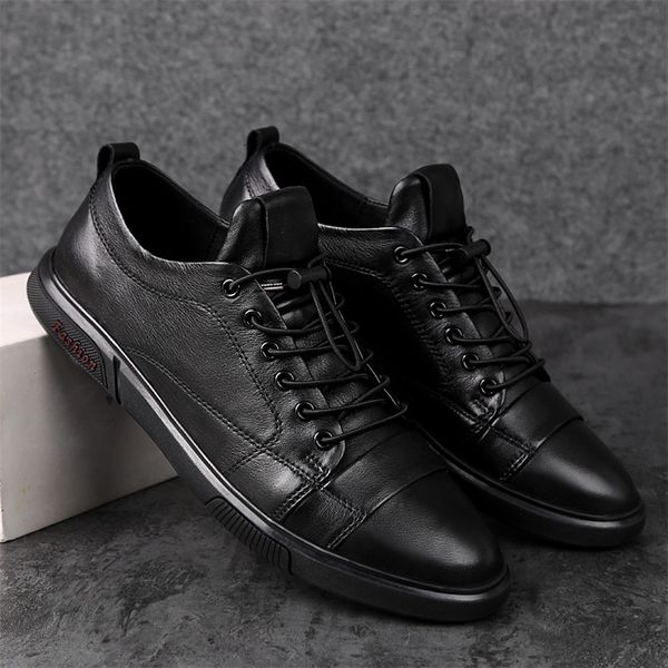 

dress shoes classic white sneakers men casual leather shoes male laceup genuine leather flats fashion korean simple footwear size 47 220919, Black