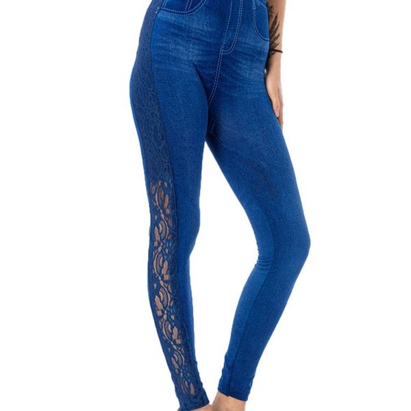 

womens leggings indjxnd high waist lace women ladies floral side hollow out patchwork workout pants push up elasticity faux denim jean 22091, Black