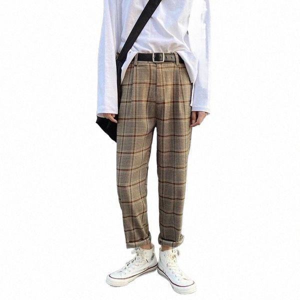 

men's pants korean men plaid ankle length straight pant 2021 spring summer fashion streetwear check causal loose trousers male sale1 w4, Black