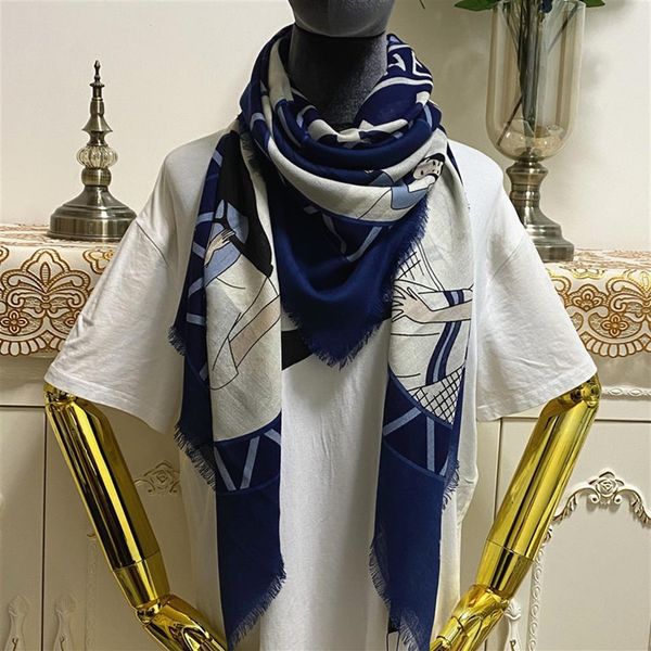 

women's square scarf good quality 100% cashmere material thin and soft blue print pattern size 130cm -130cm178r, Blue;gray